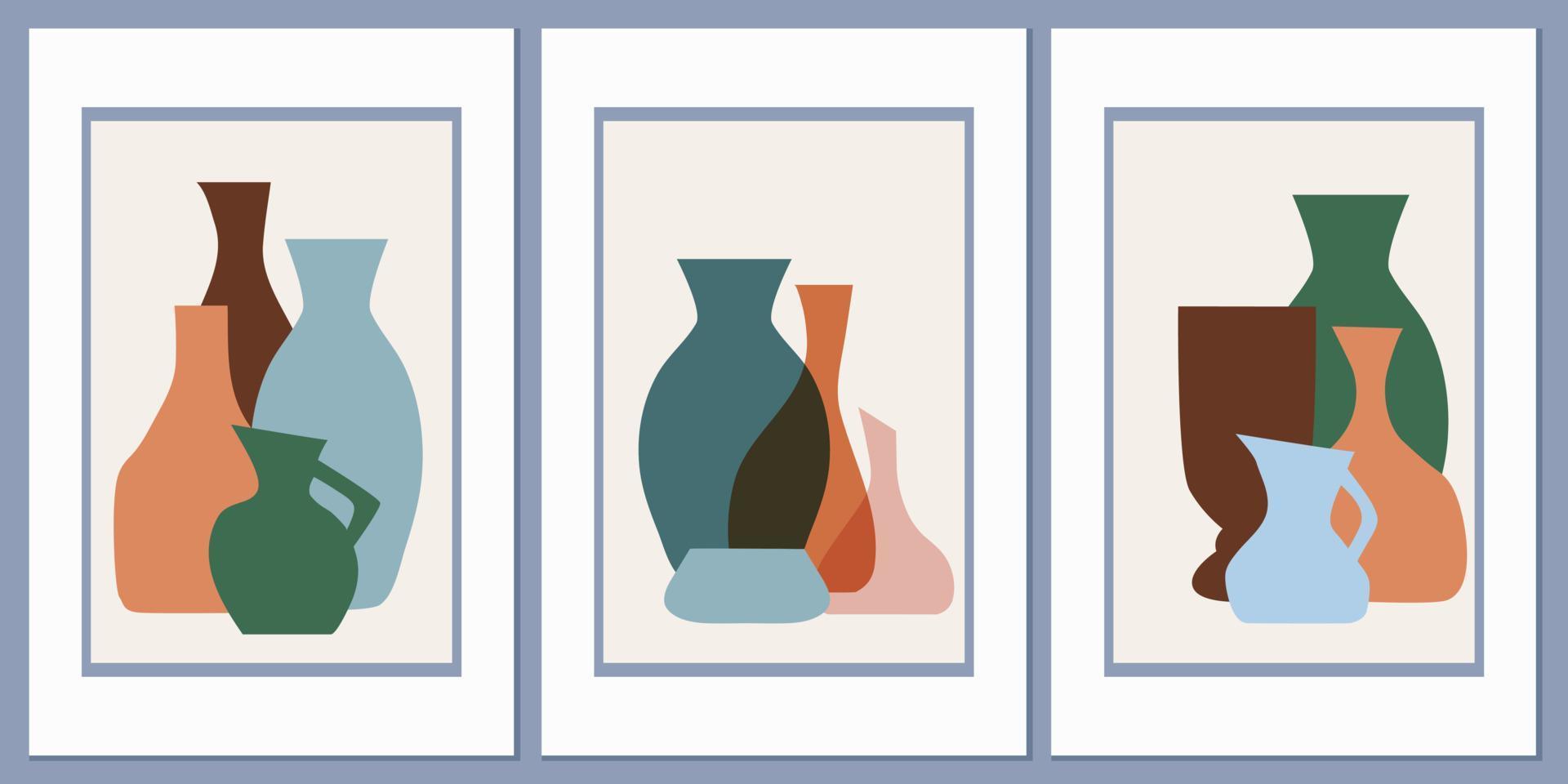 Template with an abstract composition of different vases and pots of simple shapes. Collage style, Boho minimalism vector