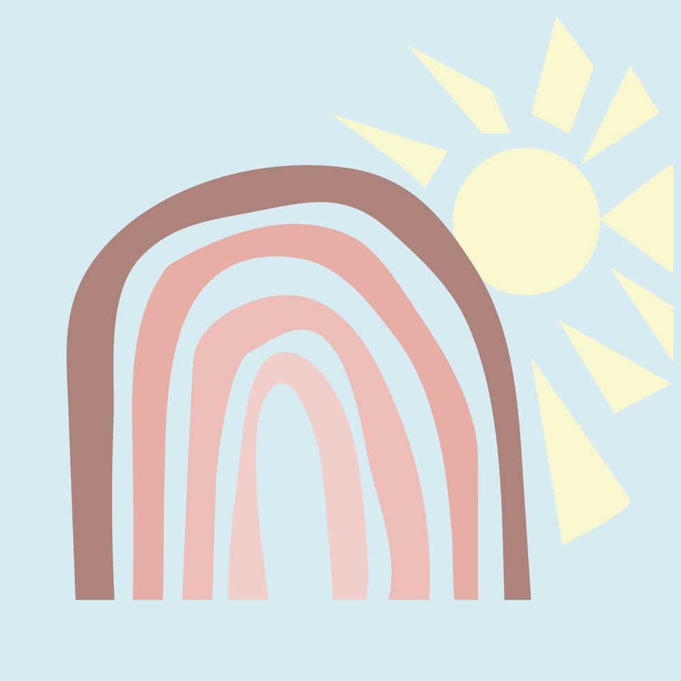plantilla con arco iris y sol en estilo boho. diseño escandinavo abstracto minimalista en colores pastel vector