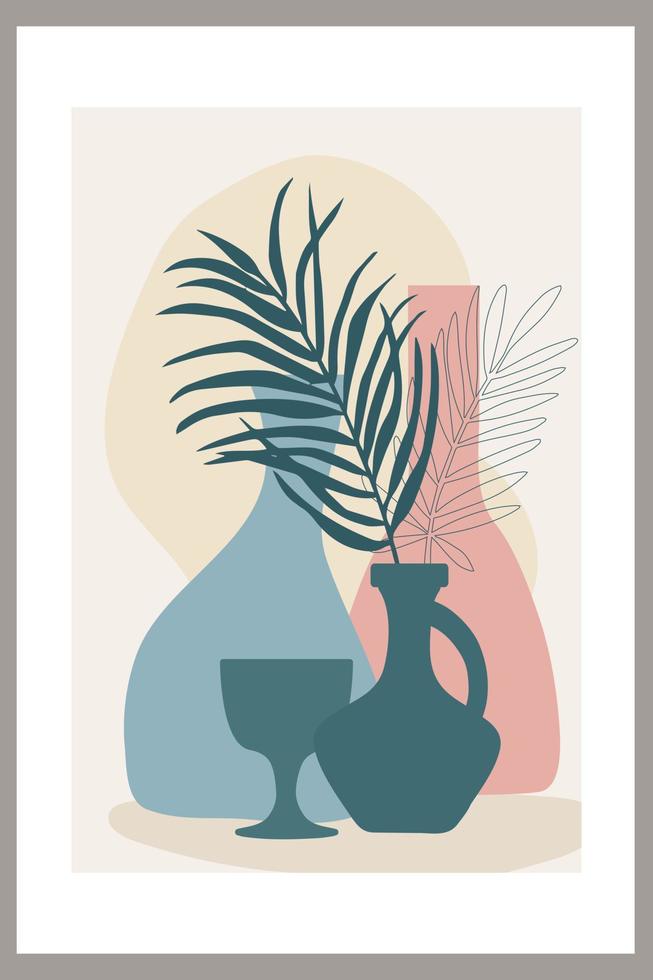 plantilla con composición abstracta de formas simples. hojas de palmeras tropicales en un jarrón. estilo collage, minimalismo. vector