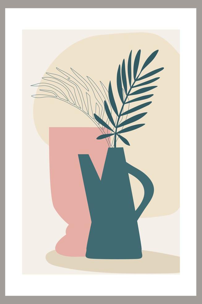 Template with abstract composition of simple shapes. tropical palm leaves in a vase. Collage style, minimalism. vector