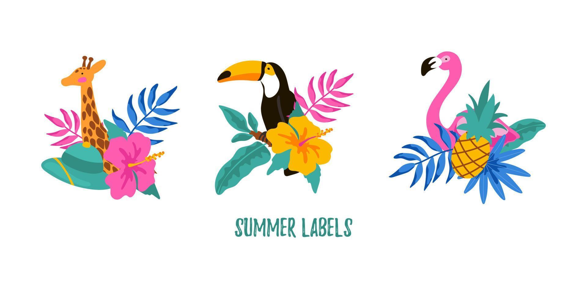 Set of hand drawn summer labels with giraffe, flamingo, toucan, tropical leaves, flowers and pineapple. Vector illustration.