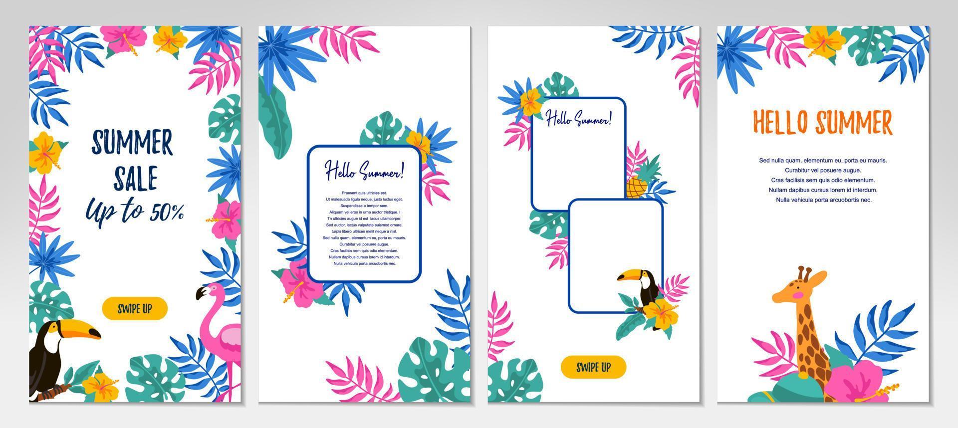 Set of social media stories templates with hand drawn elements. Vertical summer design for letters, invitation, messages, social media, cards. Vector illustration. Space for text