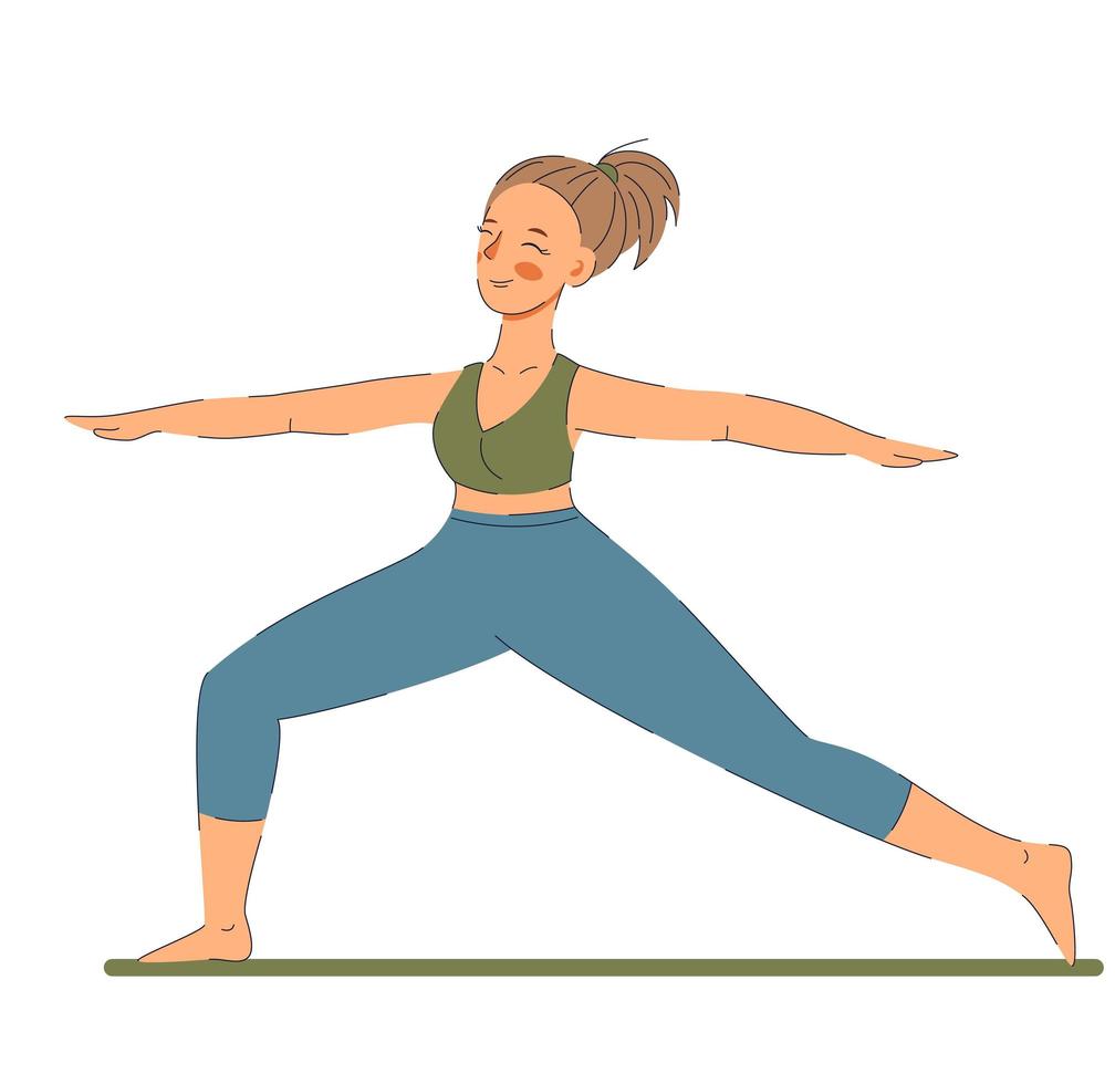 Cute woman in Virabhadrasana II or Warrior Pose. vector