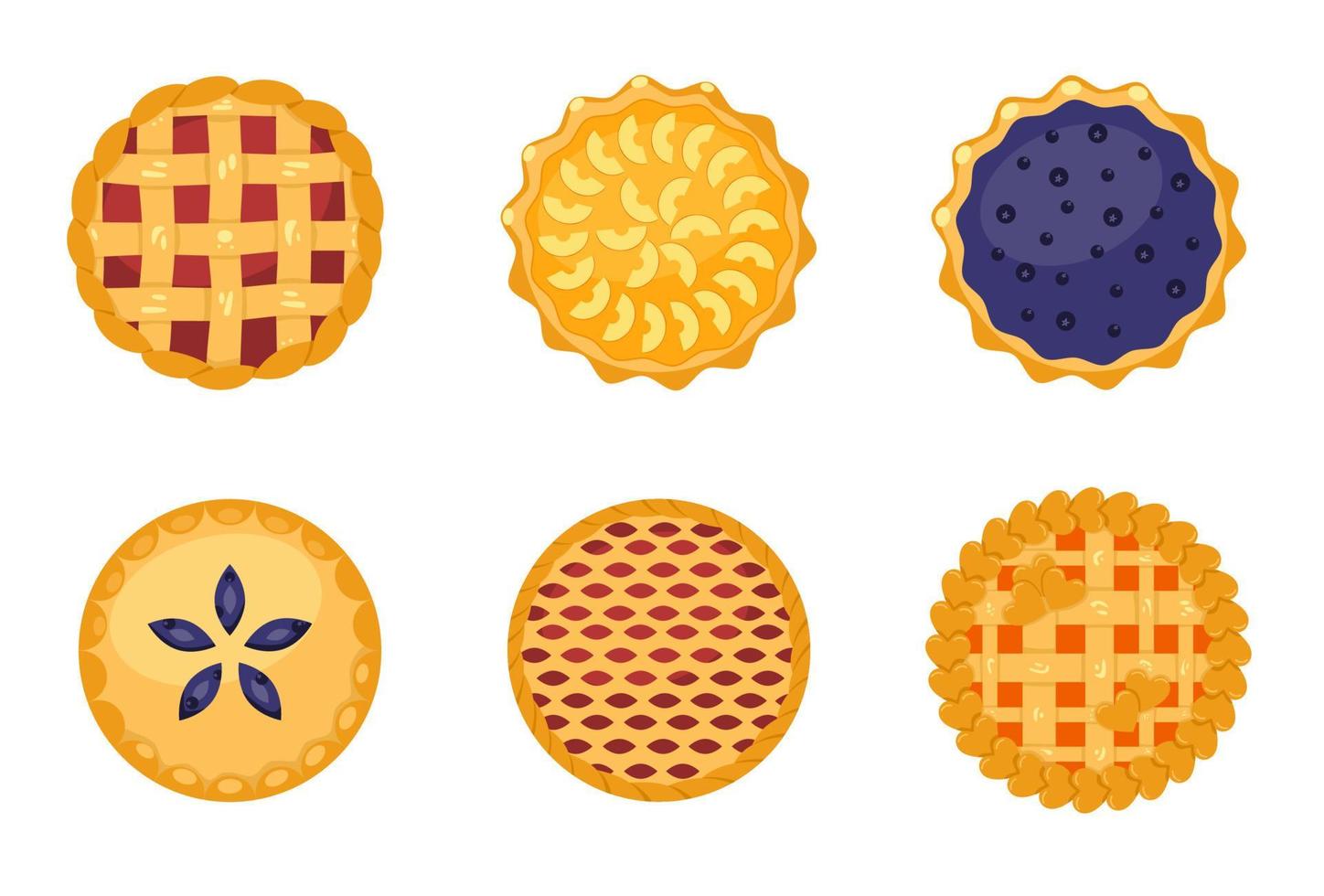 A set of homemade pies with different fruit fillings. Pie with apple, pumpkin, blueberry, raspberry and strawberry. Flat vector illustration isolated on white background. Top view.