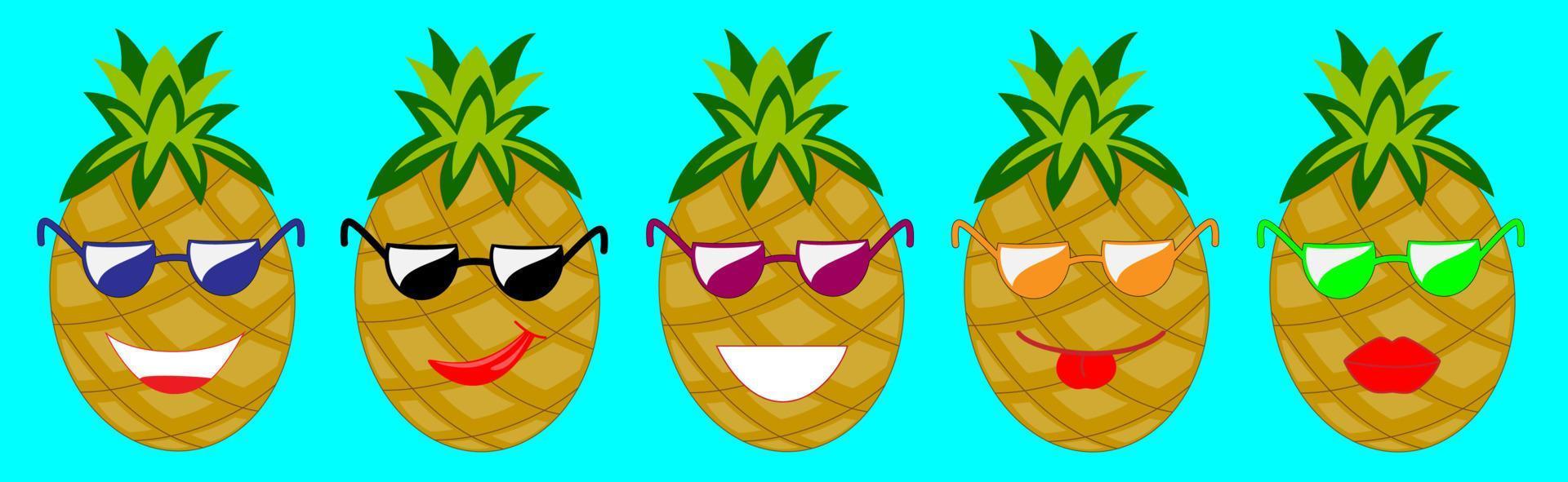 Set of cute positive pineapples with glasses. Vector cartoon character illustration icon design.