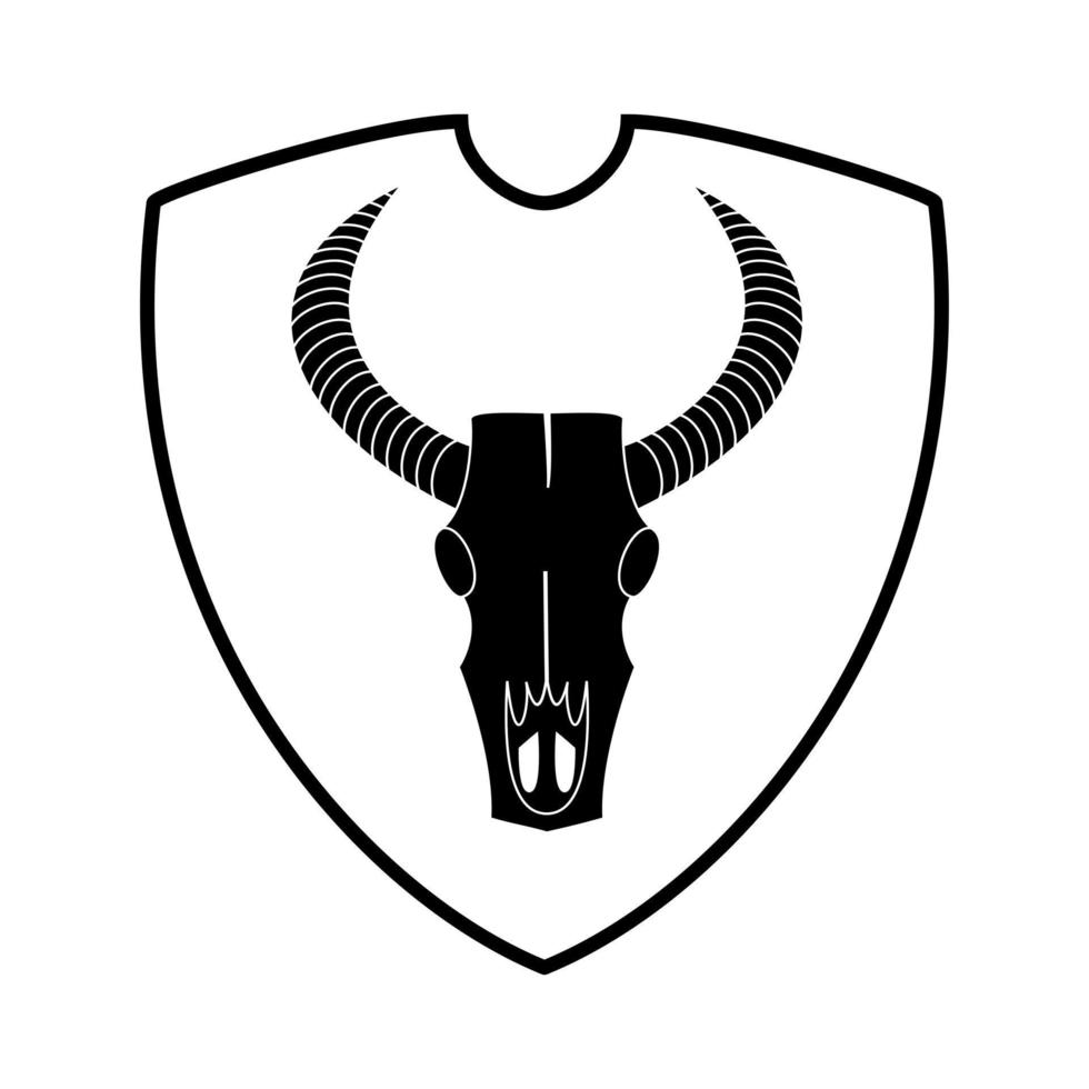 Wild west buffalo skull with horns on shield on white. Symbol of the American state of Texas. Black vector icon.