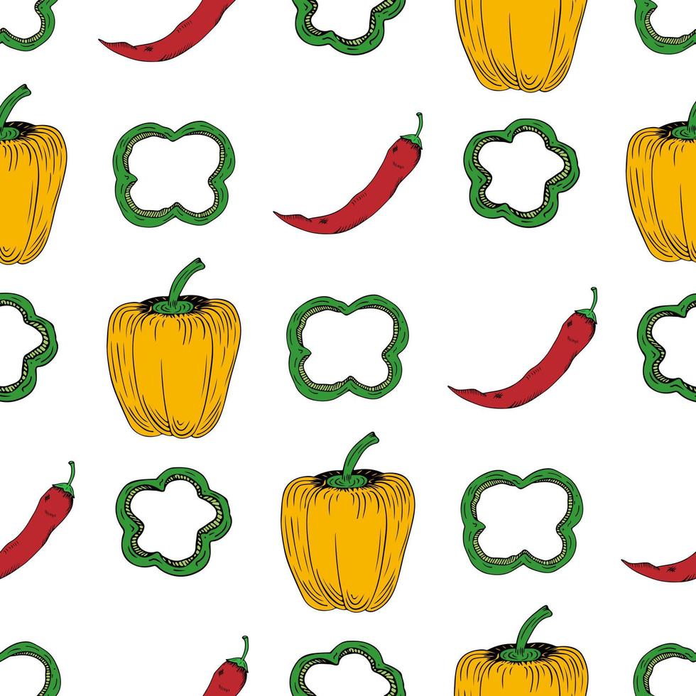 pimiento, chile y rodajas de patrones sin fisuras sobre fondo blanco. ilustración vectorial de verduras rojas, amarillas y verdes en dibujos animados de estilo plano simple. ideal para textiles, papel y otras superficies. vector