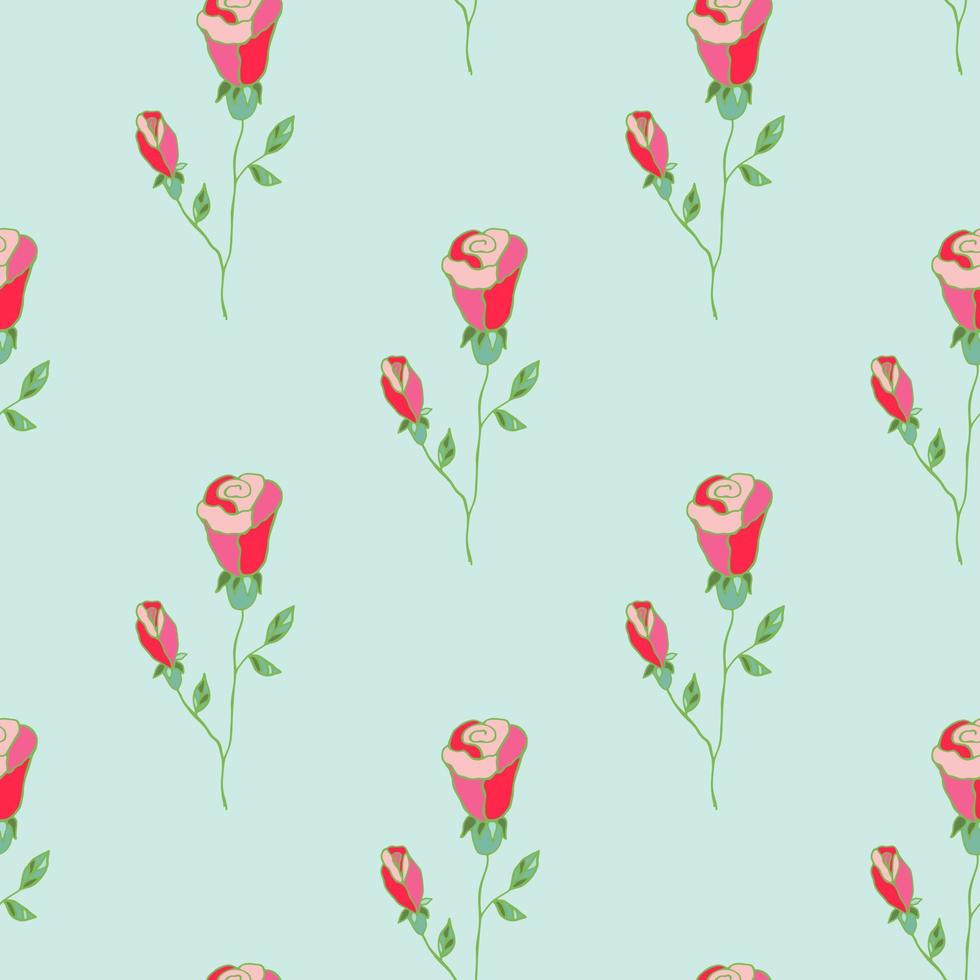 Pink roses hand drawn on a light green background. Seamless vector floral pattern. Pink branches with rose buds on a green background.