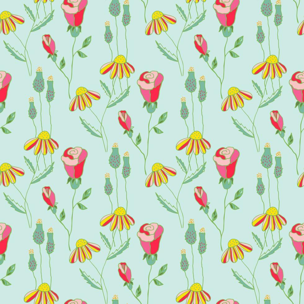 Yellow daisies, green plants and pink roses on a light green background.Seamless floral summer background. For fabric, wallpaper or packaging. vector