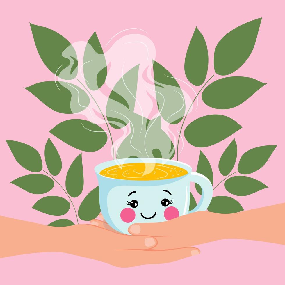 Cute cartoon Emoji cup with tea in female hands on a background of green plants. Human hands hold a cup of hot tea. Freshly brewed herbal drink. Vector illustration.