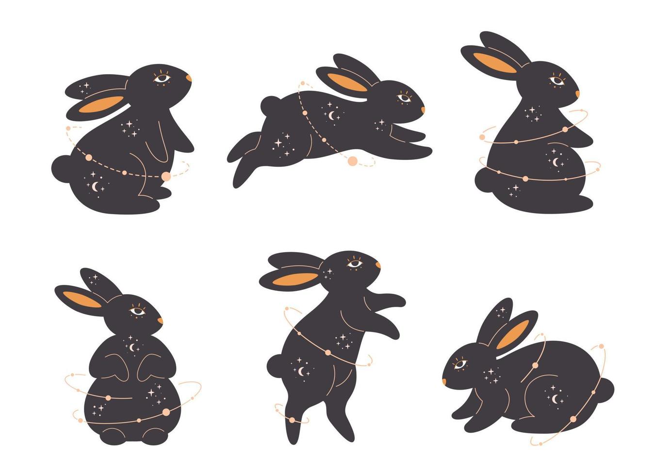 Set of of rabbits with esoteric, mystic, magician elements. Year of the Rabbit. vector