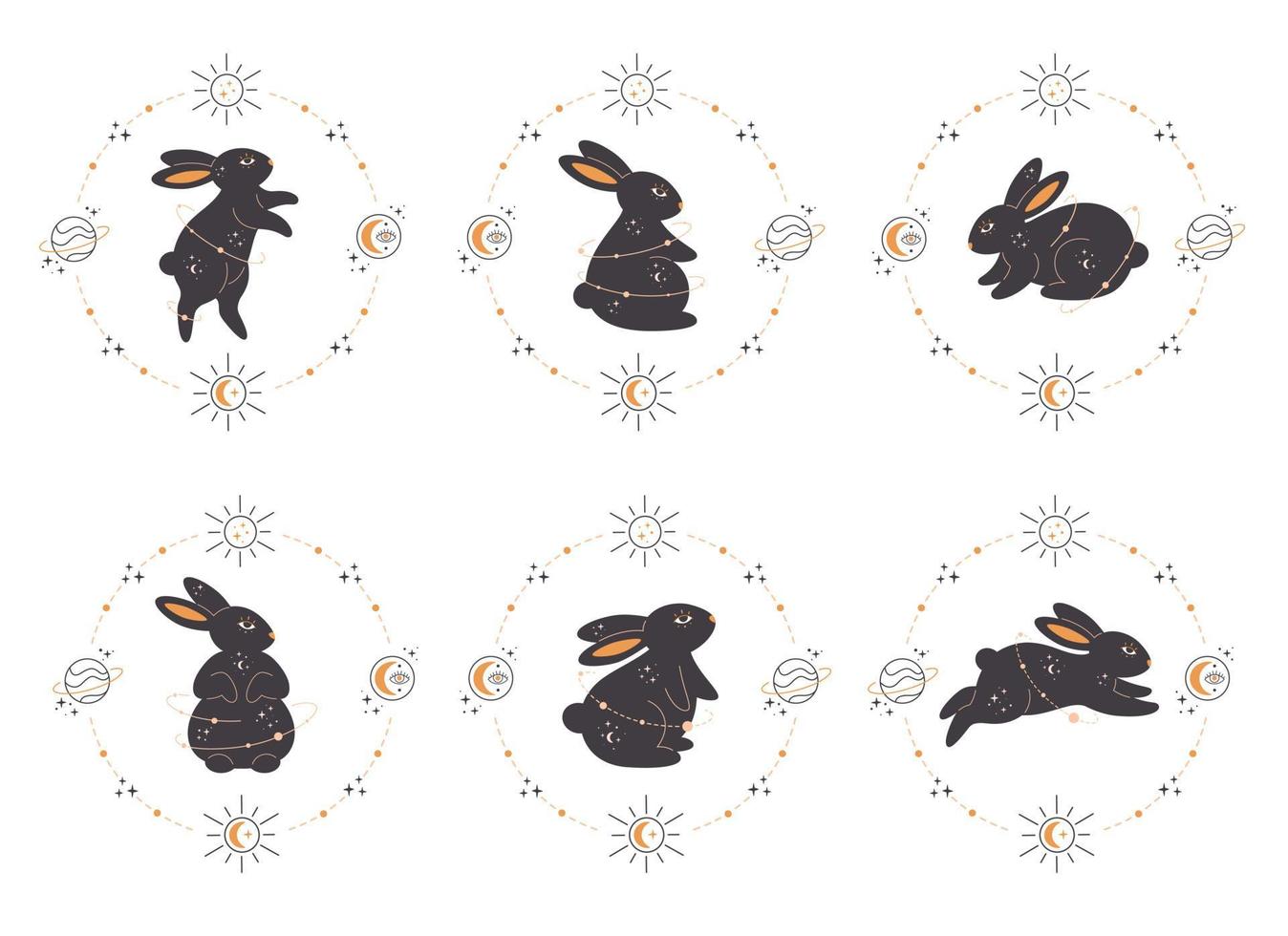 conjunto de conejos con elementos astrológicos, esotéricos, místicos y mágicos. año del conejo vector