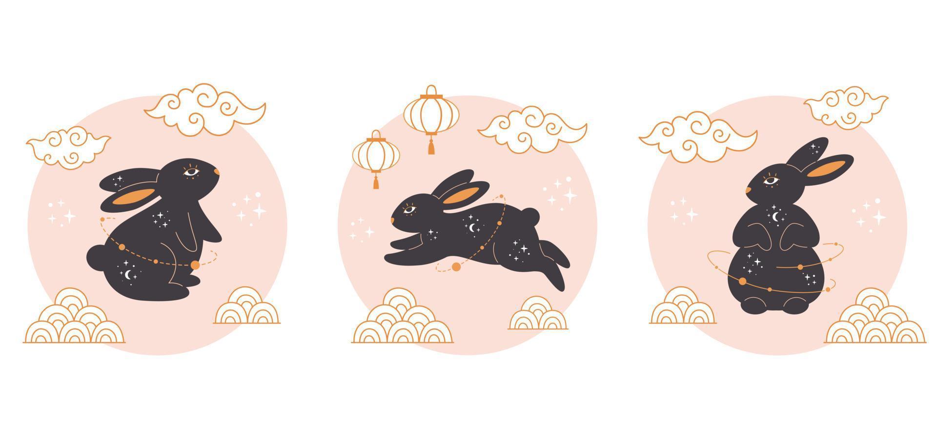 Happy Chinese new year greeting card 2023 with cute rabbit. Year of the Rabbit. vector