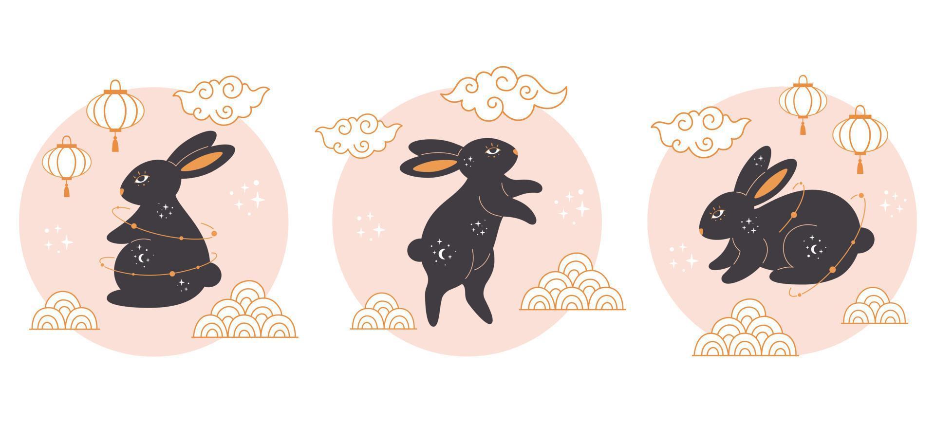 Happy Chinese new year greeting card 2023 with cute rabbit. Year of the Rabbit. vector