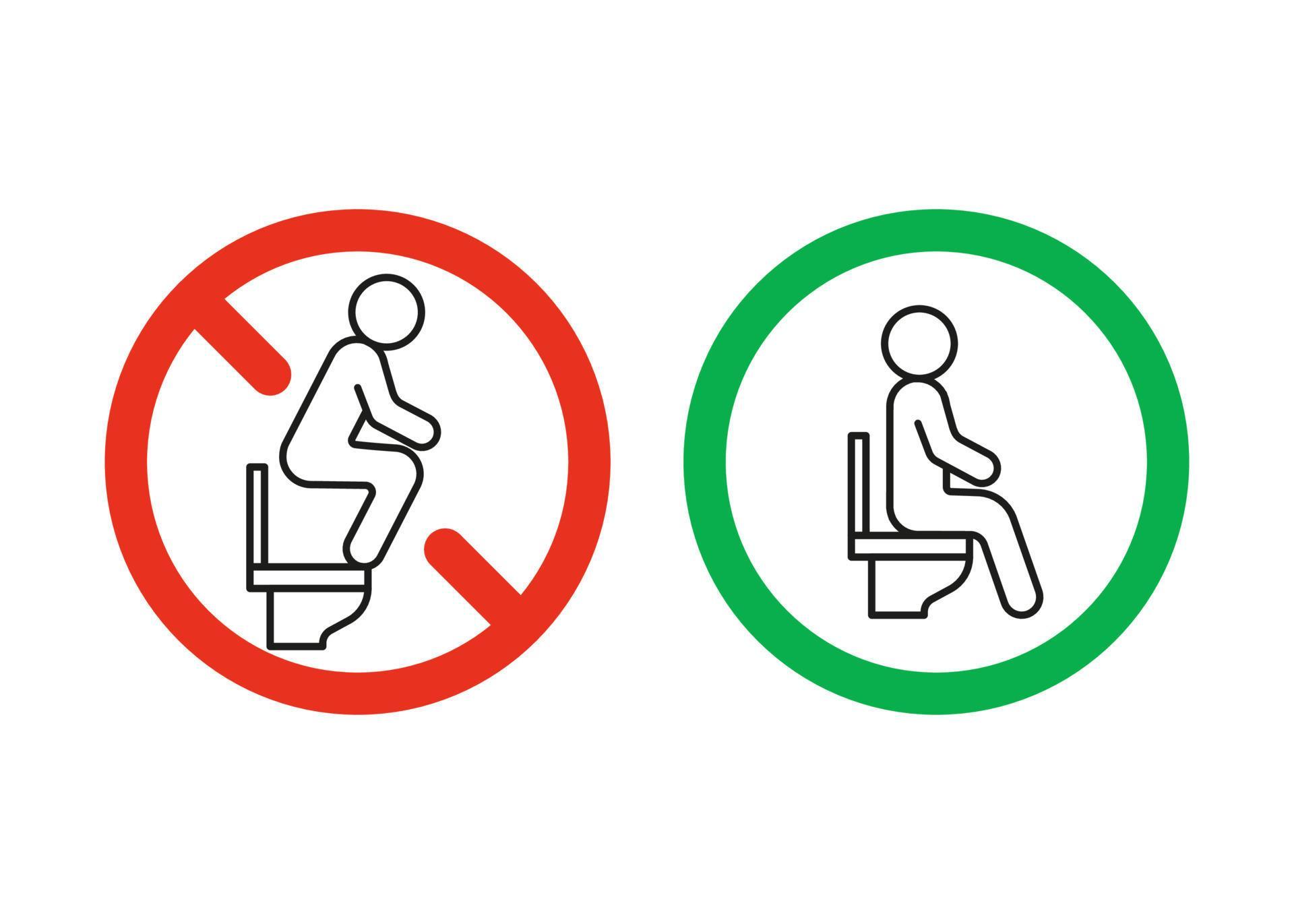 WC rules sit on seat toilet but not stand, warning sign. Right and