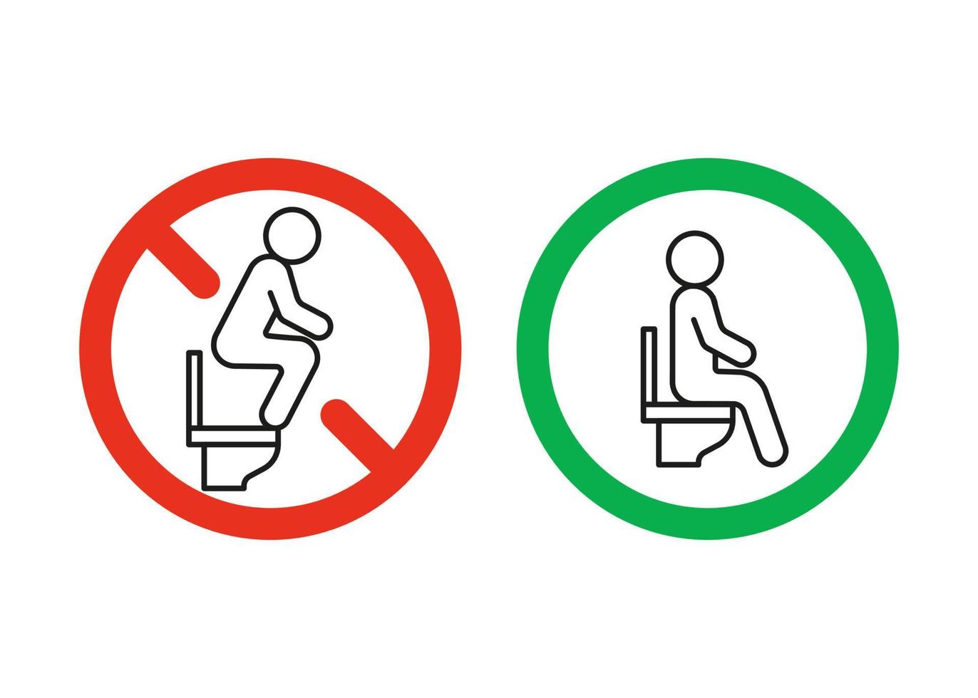 WC rules sit on seat toilet but not stand, warning sign. Right and wrong behavior. Signs allowed and prohibited to sit toilet. Correct sitting. Vector illustration