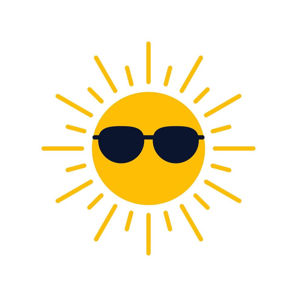 sol amarillo en gafas icono de protección uv, bloqueador solar, protección ocular contra el sol y quemaduras solares. círculo pleno sol y luz del sol. energía solar caliente. signo vectorial vector