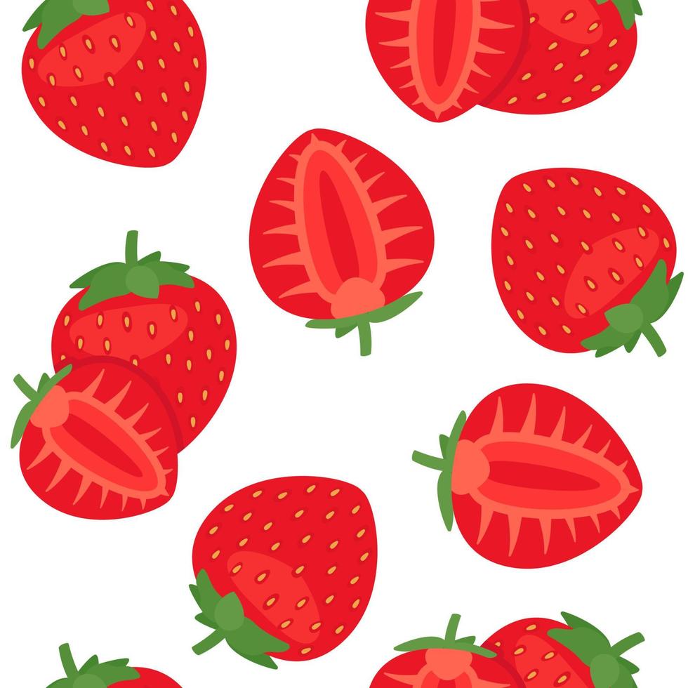 Strawberry seamless pattern, red berry background. Repeat fruit print design. Whole and cut strawberry vector background