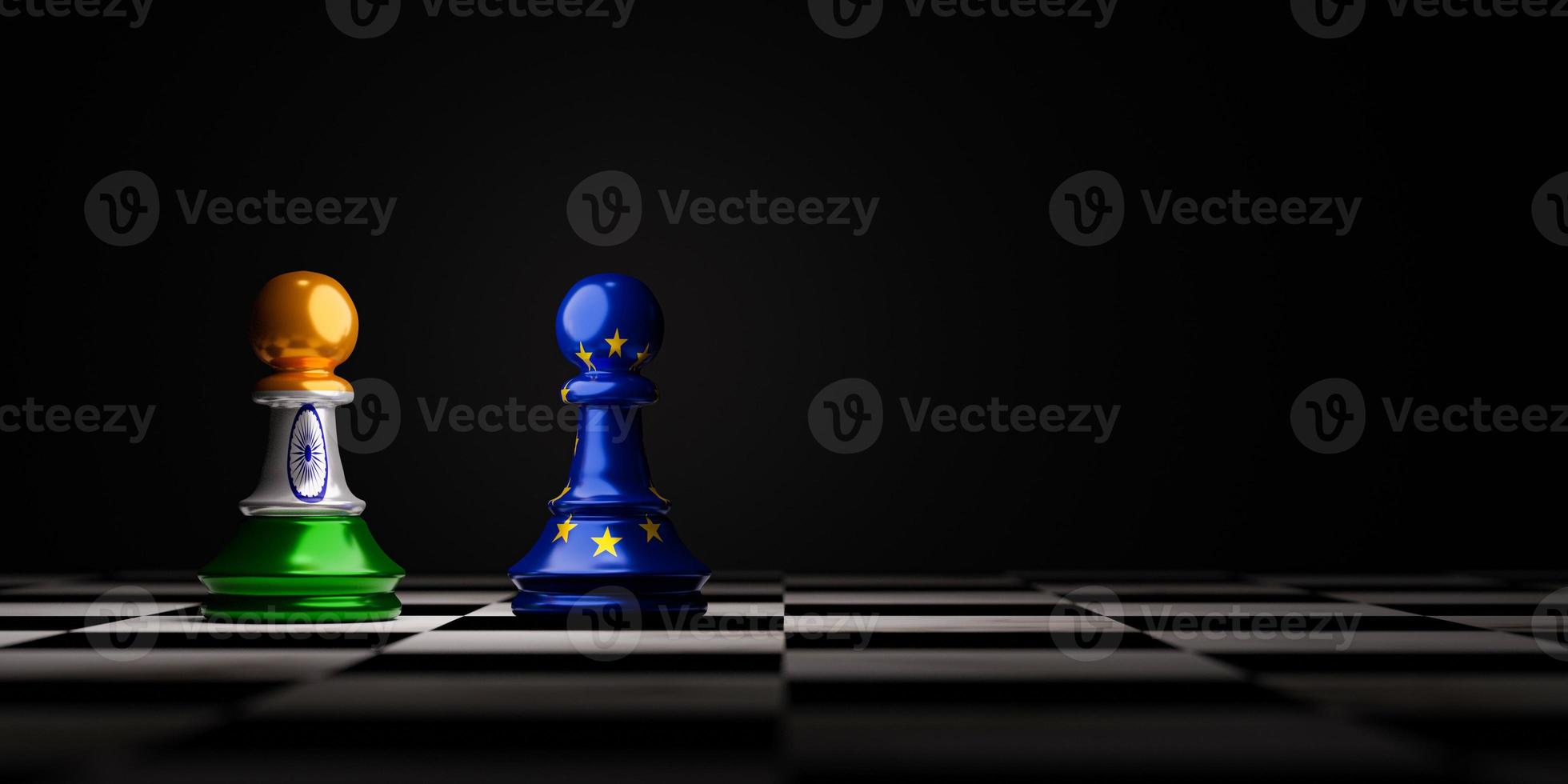 European Union or EU and India flag print screen on pawn chess for business economy and alliance trading concept by 3d render. photo