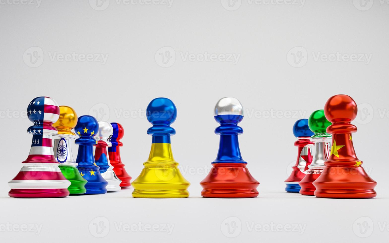 Battle pawn chess between Russia and Ukraine with USA and China chess standing for both countries political conflict and war concept by 3d rendering technique. photo