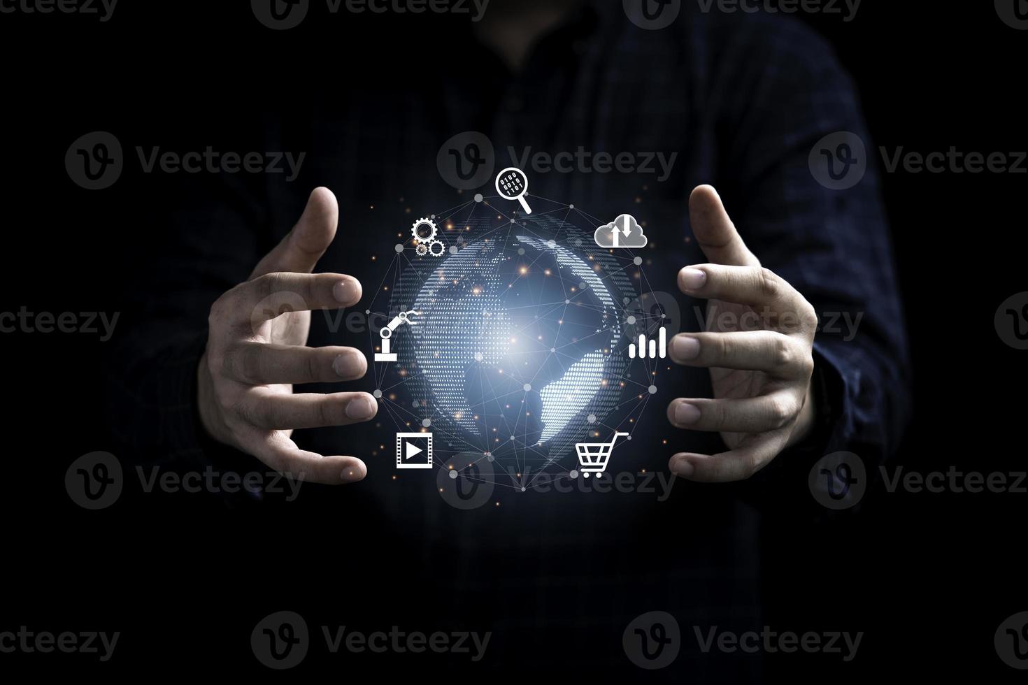 Man hand protecting virtual world  with internet connection for metaverse. Global business marketing and banking financial pass thru application technology concept. photo