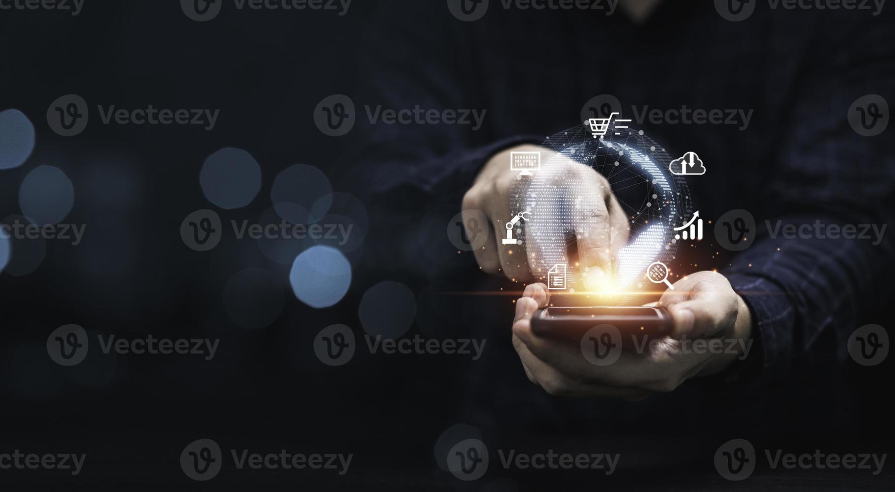 Man using Smartphone and touching to virtual world on tablet with internet connection for metaverse. Global business marketing and banking financial pass thru application technology concept. photo