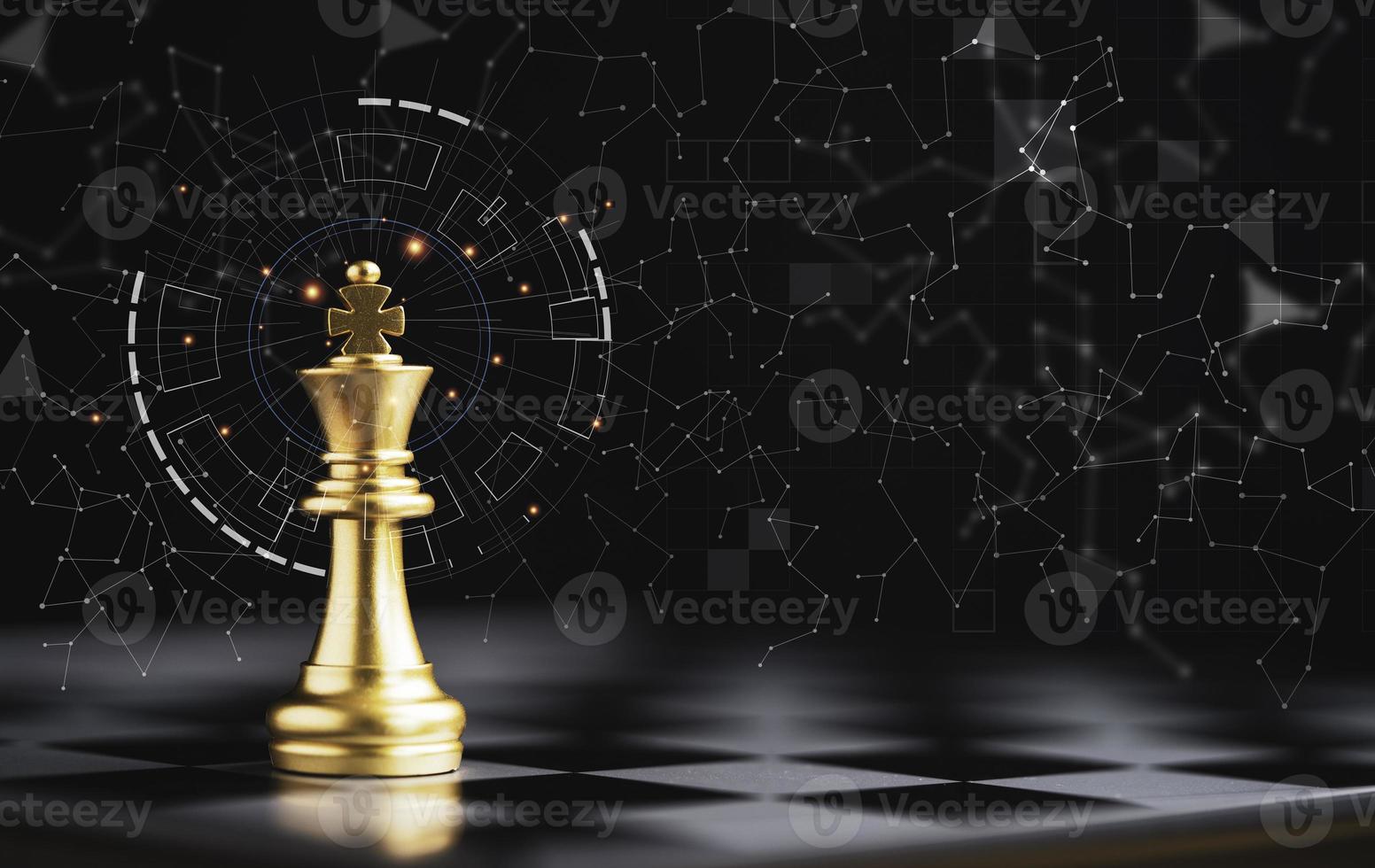 Golden king chess standing alone on chess board and dark background with connection line for strategy idea and futuristic concept. photo