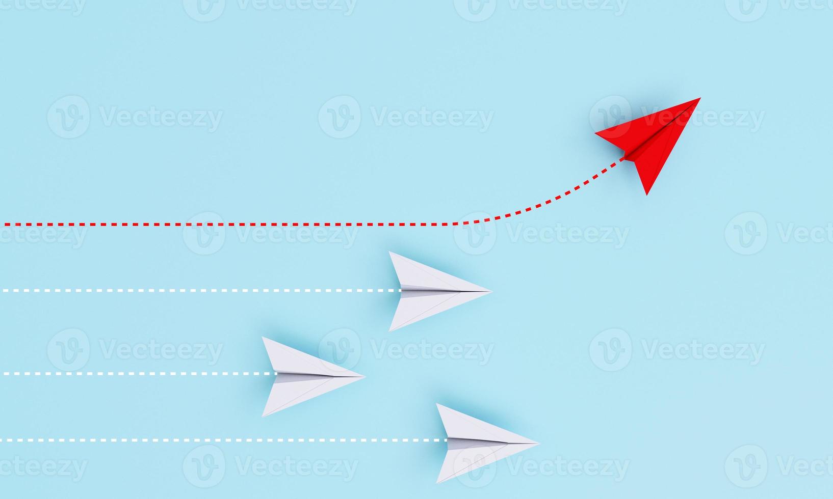 Red paper plane out of line with white paper to change disrupt and finding new normal way on blue background. Lift and business creativity new idea to discovery innovation technology by 3d rendering. photo