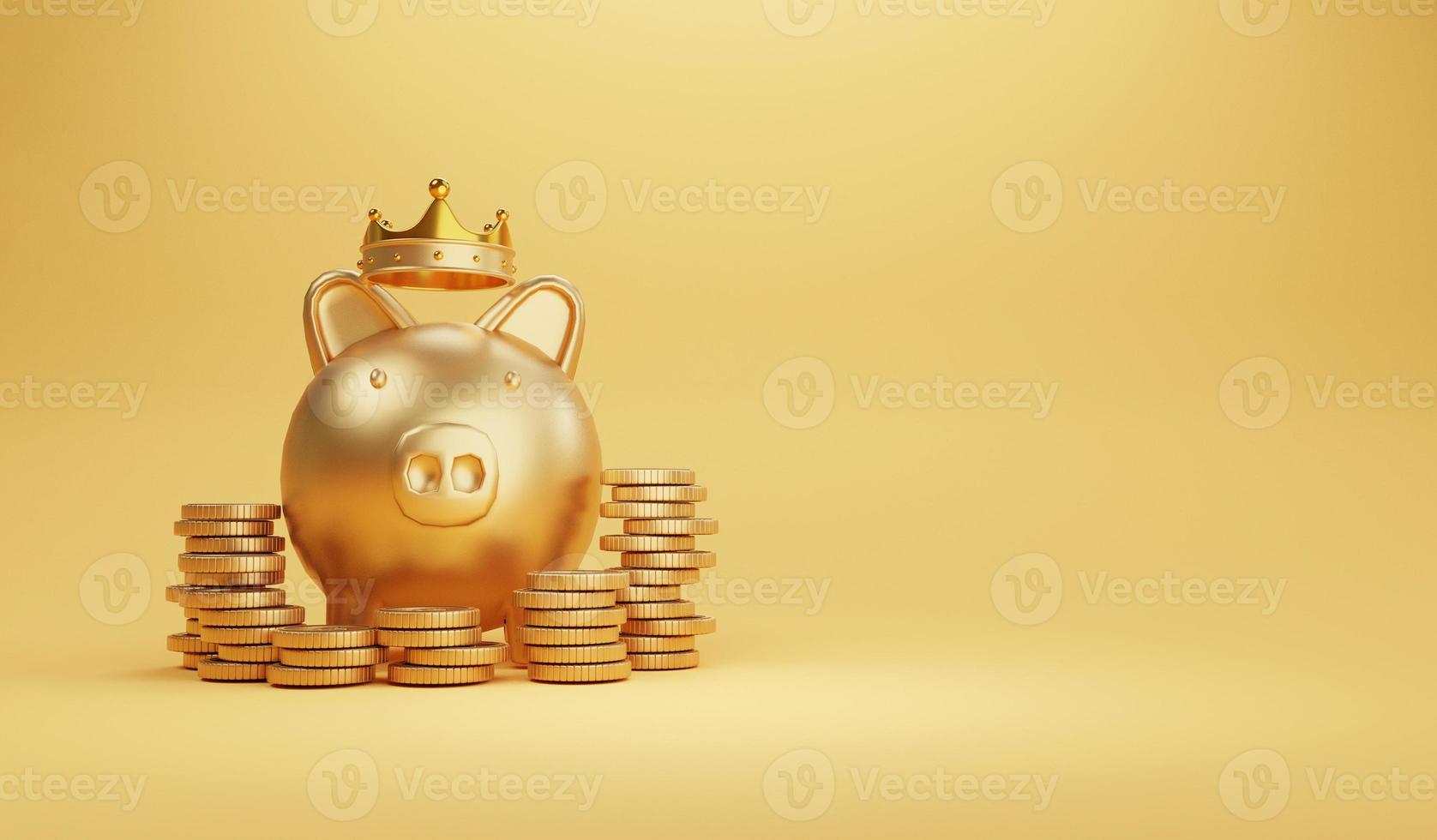 piggy dorado con corona y monedas apiladas sobre fondo amarillo para el ahorro y el concepto de inversión de ganancias por 3d render. foto