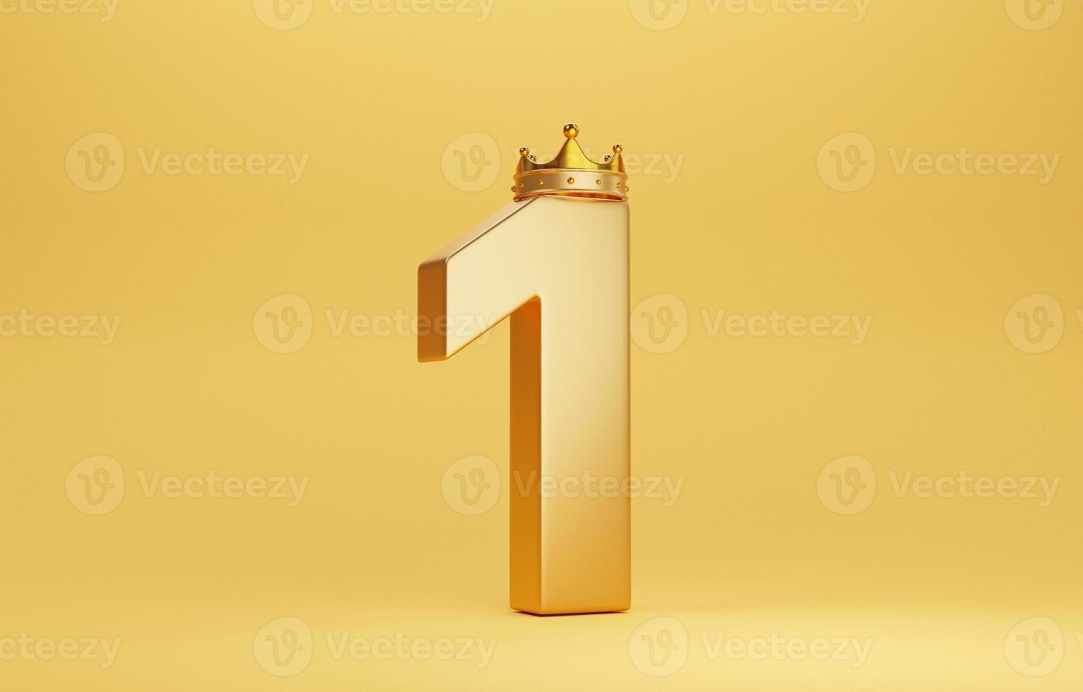 número uno de oro con corona de oro para el campeón o el ganador sobre fondo amarillo por 3d render. foto