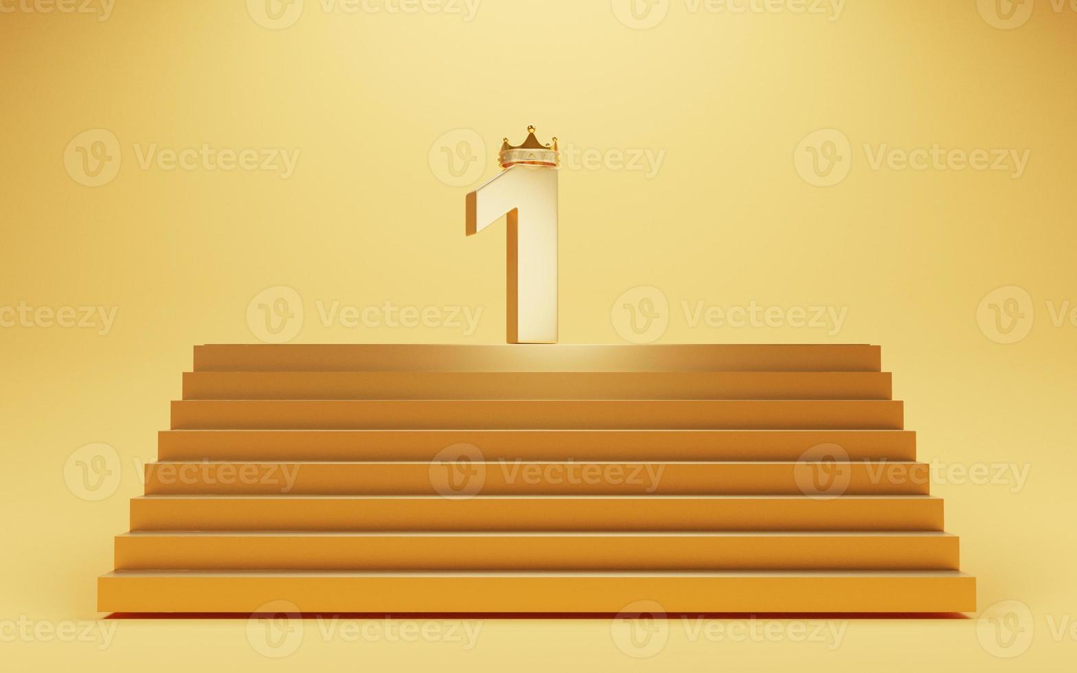 Golden number one with gold crown on the top of floor for champion or the winner on yellow background by 3d render. photo