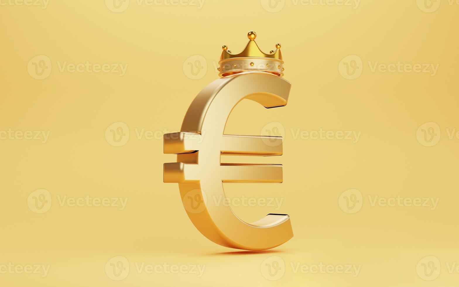 Golden Euro sign with gold crown on yellow background for Euro is the king or main currency exchange in the world from European Union concept by 3d render. photo