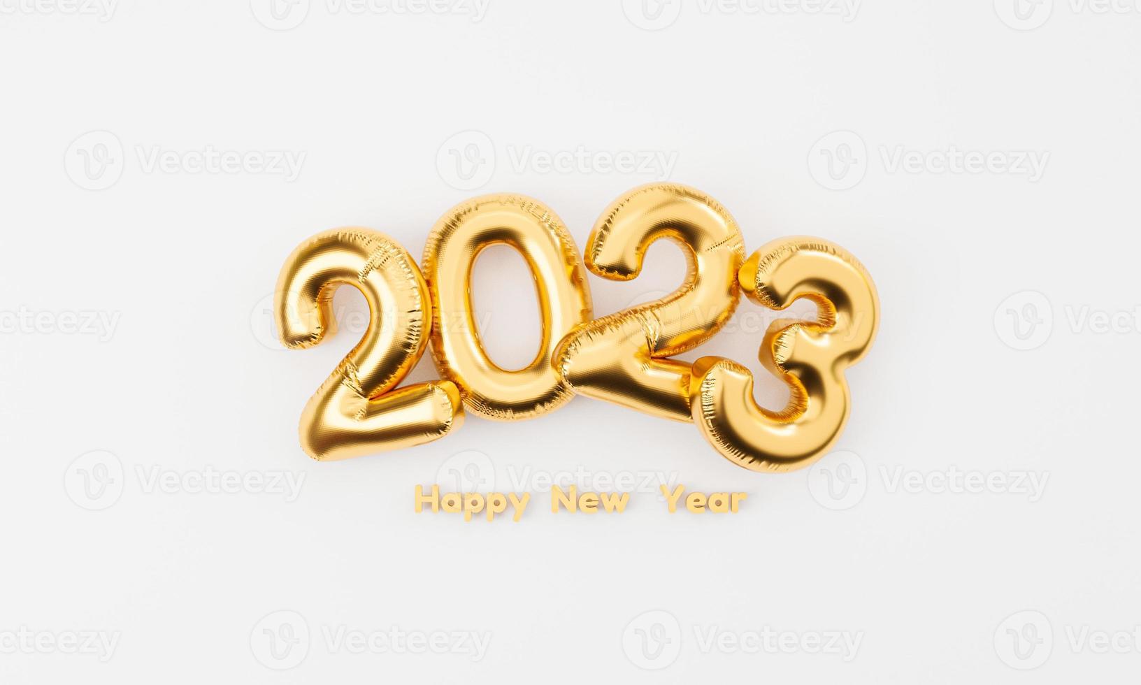 Golden 2023 helium balloon with gold confetti and ribbon for preparation happy new year and merry Christmas concept by element festive poster design and  realistic 3d render. photo