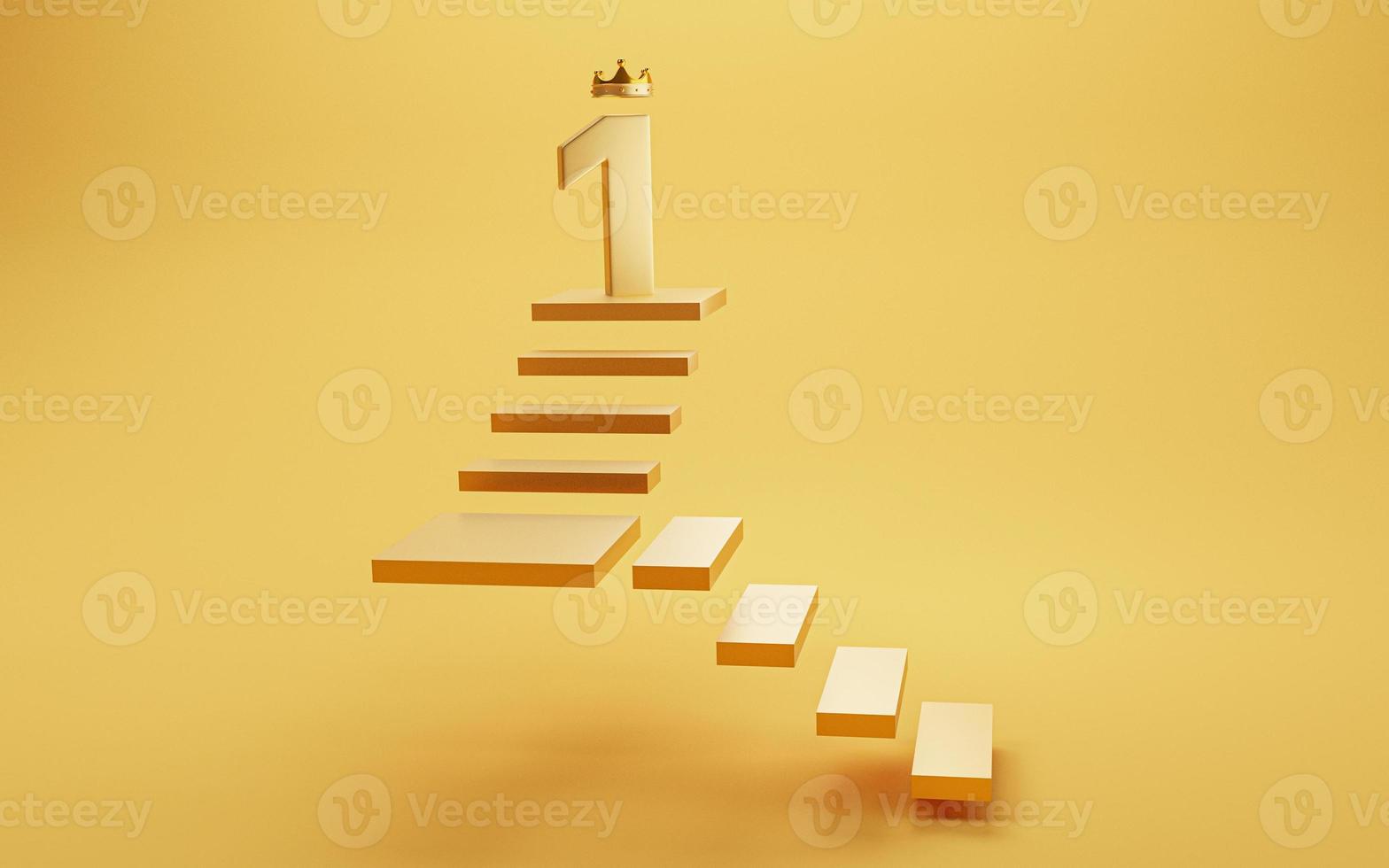 número uno dorado con corona dorada en la parte superior del piso para el campeón o el ganador sobre fondo amarillo por 3d renderizado. foto