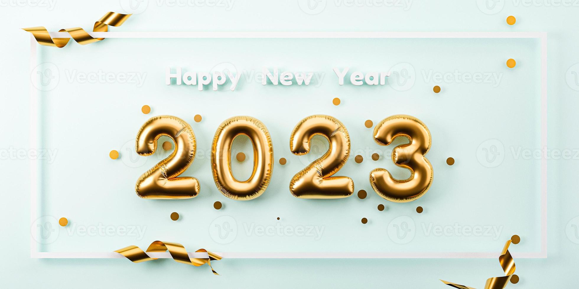 Golden 2023 helium balloon with gold confetti and ribbon for preparation happy new year and merry Christmas concept by element festive poster design and  realistic 3d render. photo