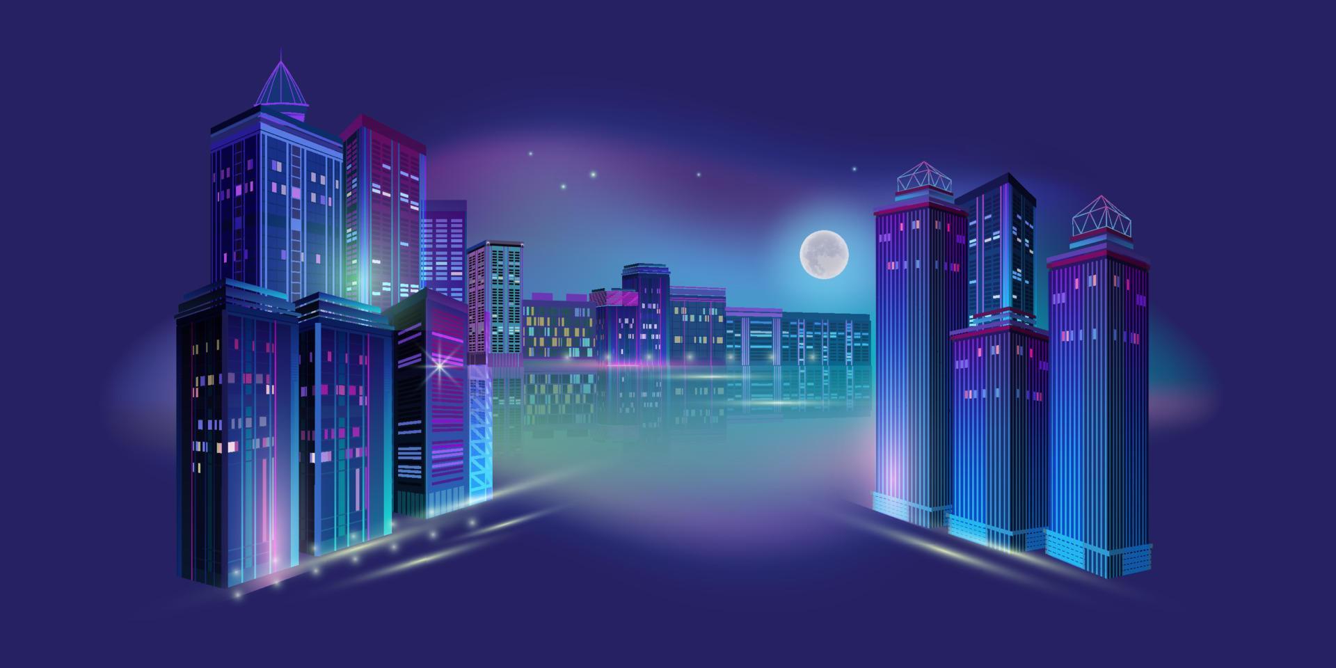 Night City Panorama with Neon Glow on Dark Background. Vector. vector