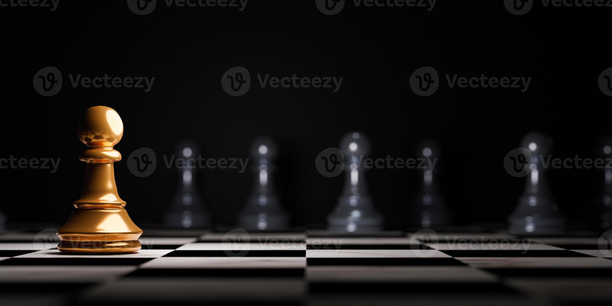 Golden pawn chess encounter with black pawn chess enemy on dark background for strategy idea and futuristic concept photo