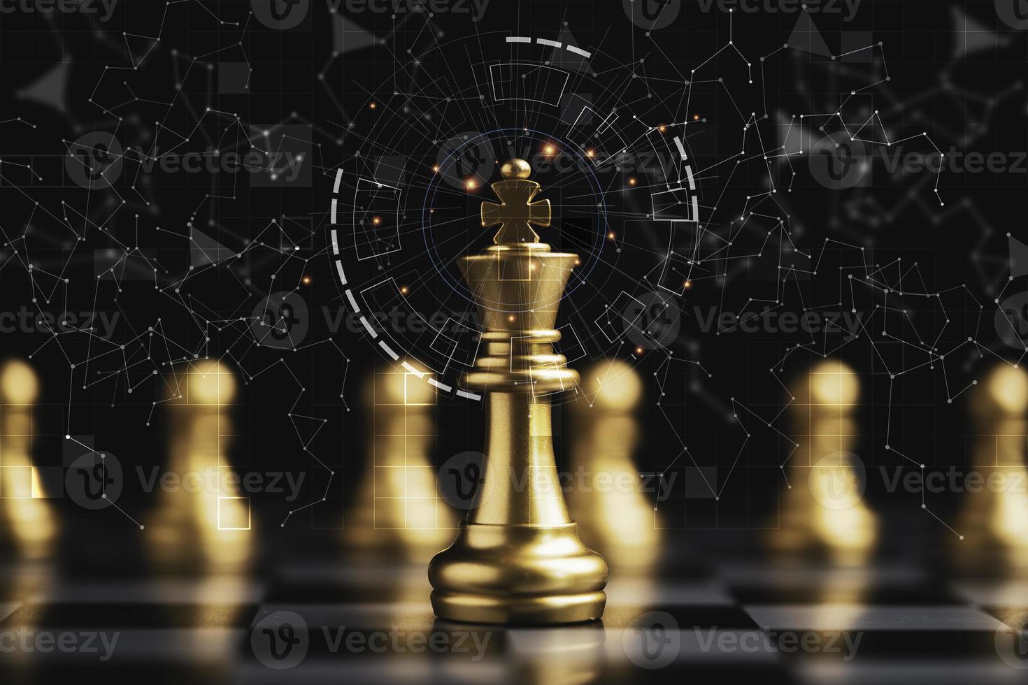 Golden king chess encounter with gold chess enemy on dark background and connection line for strategy idea and futuristic concept photo