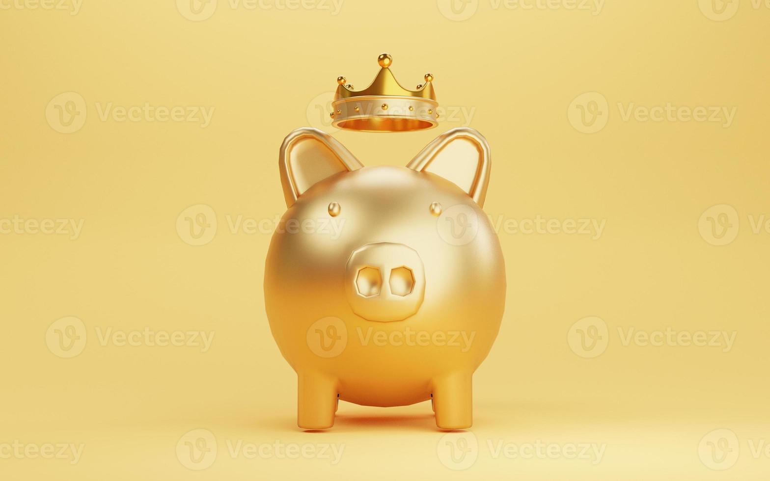 cerdito dorado con corona sobre fondo amarillo para el concepto de inversión de ahorro y beneficio por renderizado 3d. foto