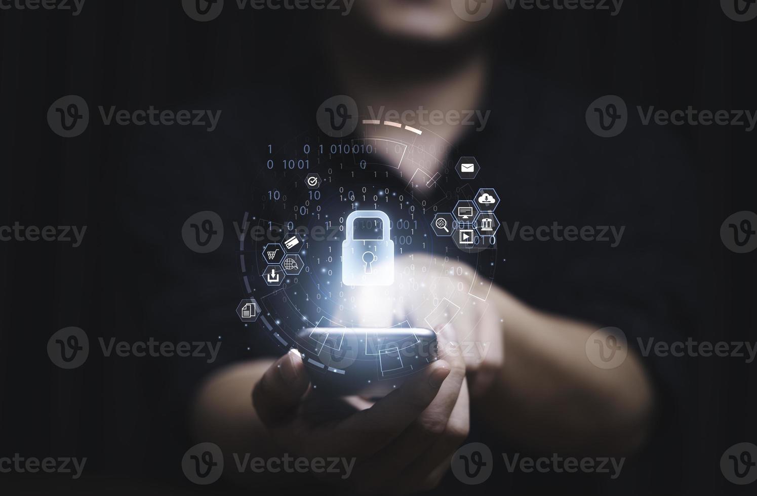 Hand touching to screen monitor of smartphone for input password or fingerprint to access mobile phone system for technology security protection concept. photo