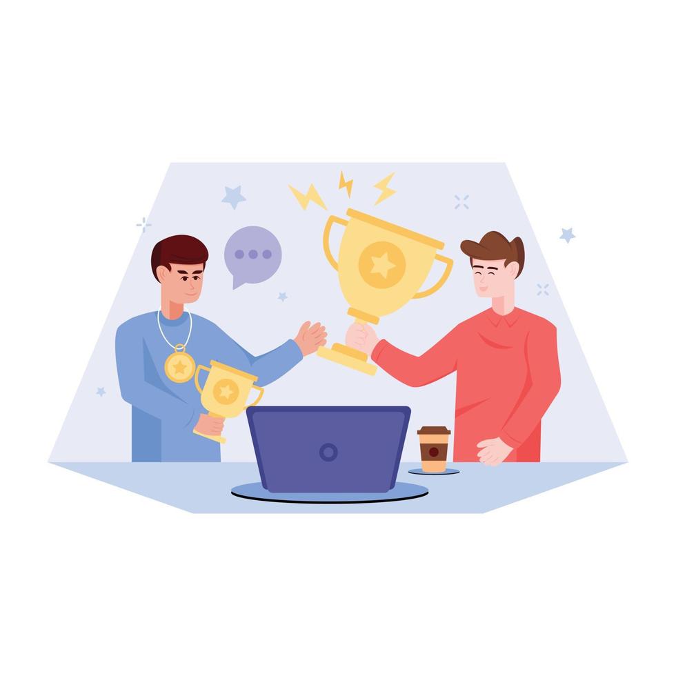 Person holding trophy cup, flat illustration of team success vector