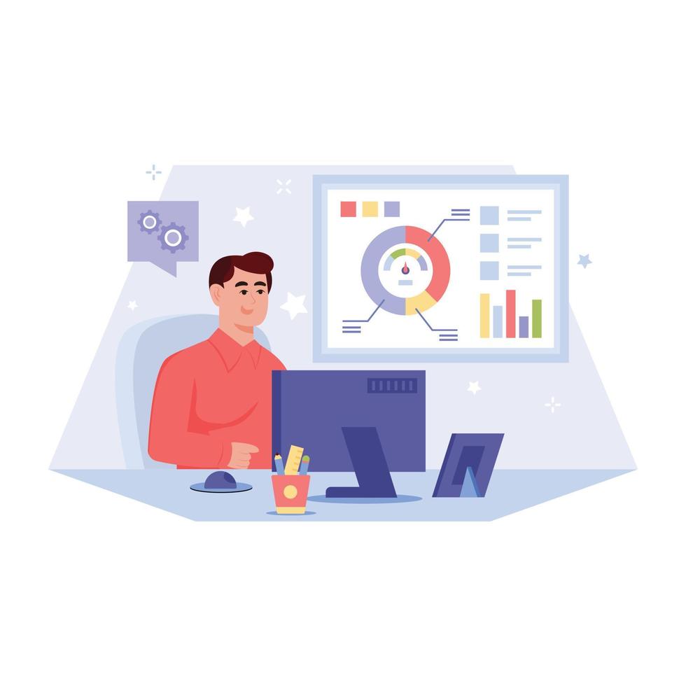 Person monitoring data, flat illustration of productivity vector