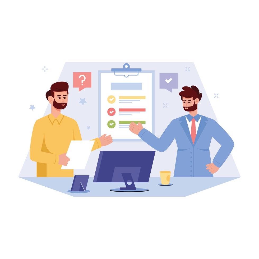 Persons discussing about project, flat illustration of task management vector