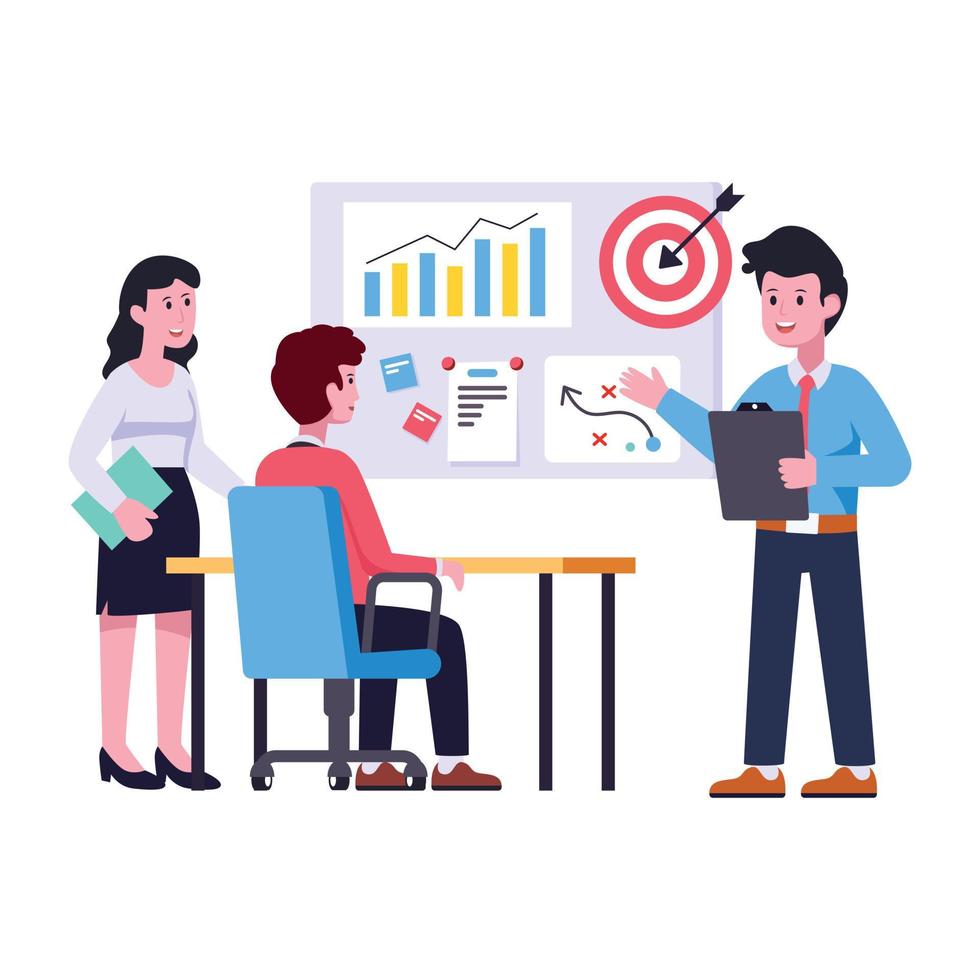 Persons monitoring chart with magnifier, flat illustration of business analysis vector