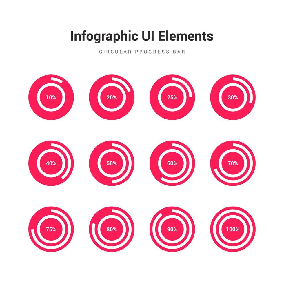 Circular loading bar infographic element. Red bullseye percentage progress UI icon set vector