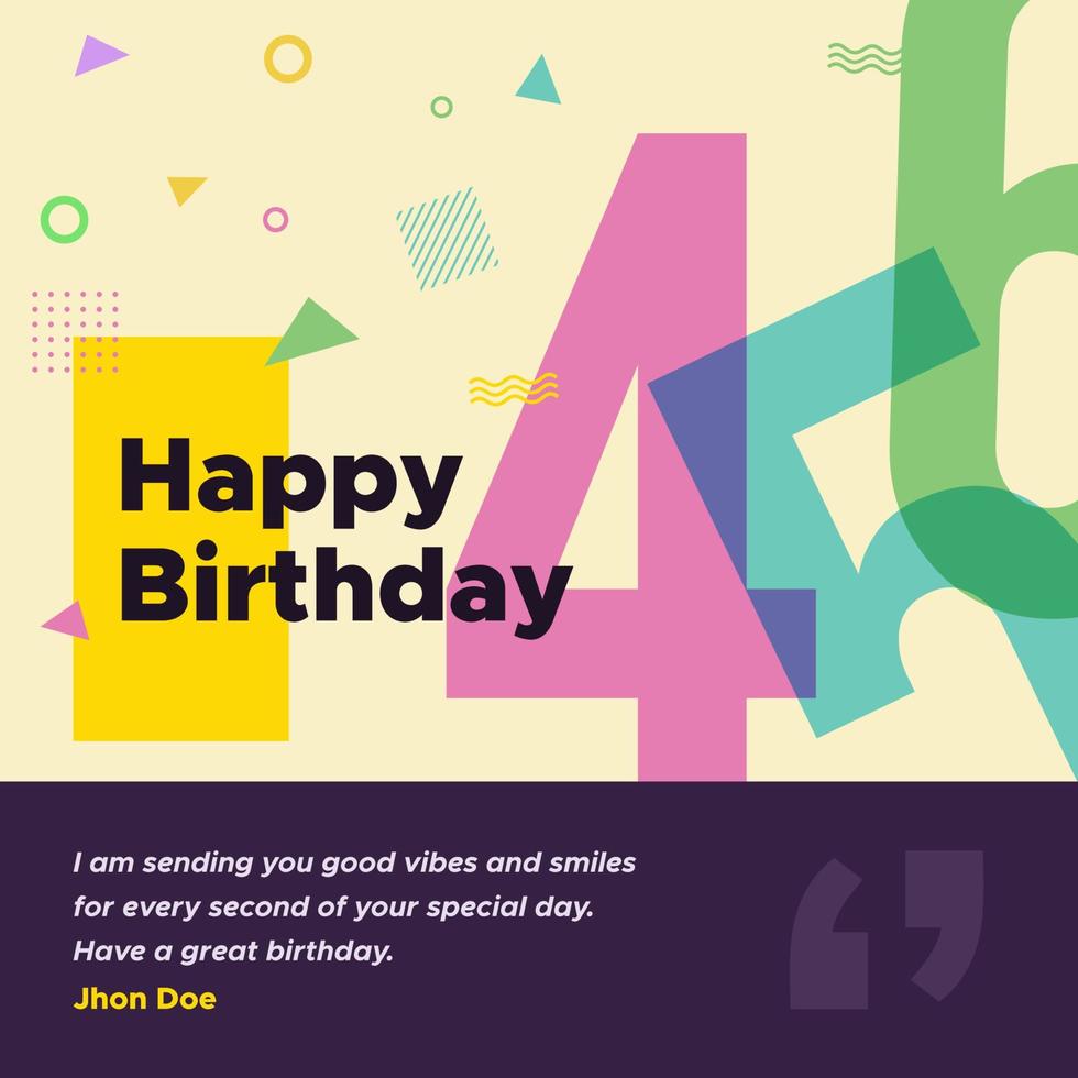 Happy birthday greeting card and social media post banner template with colourful geometric Memphis style vector
