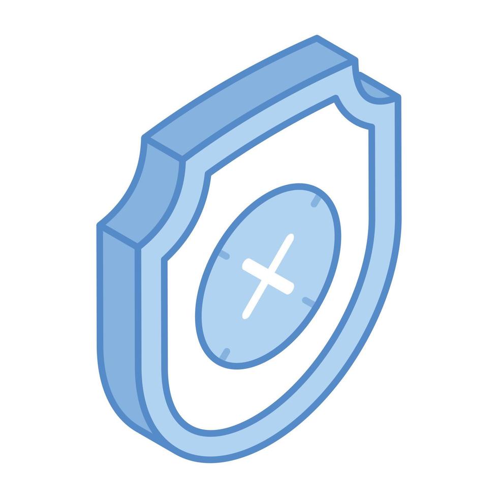 Cross on shield, showing the concept of no security isometric icon vector