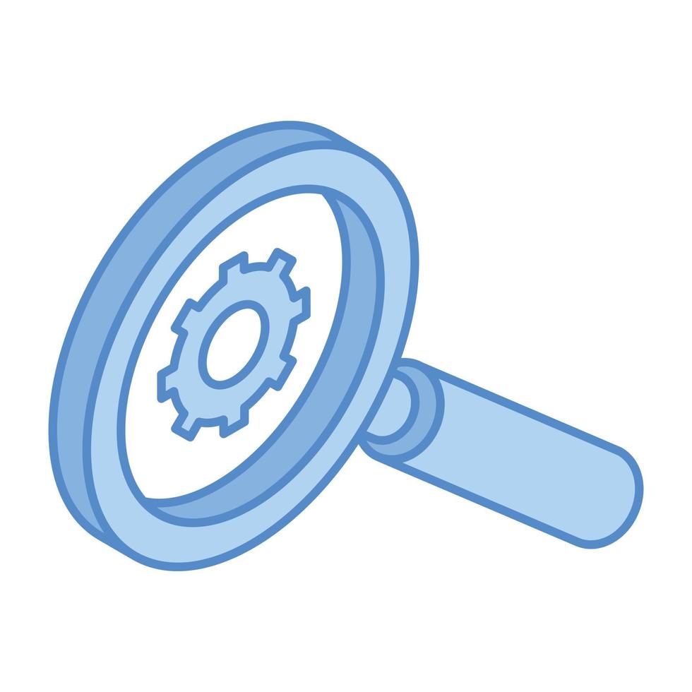 Cogwheel inside magnifier, an isometric icon of search engine vector