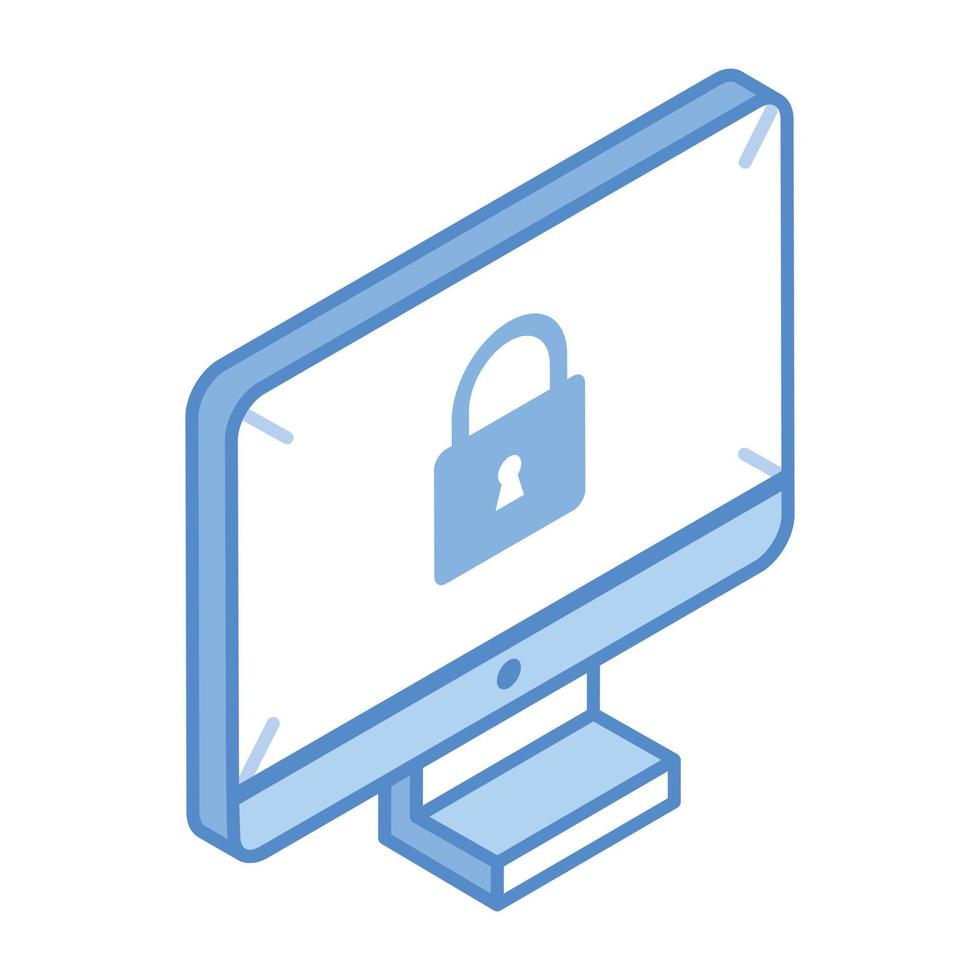 Lock inside monitor, concept of system protection isometric icon vector