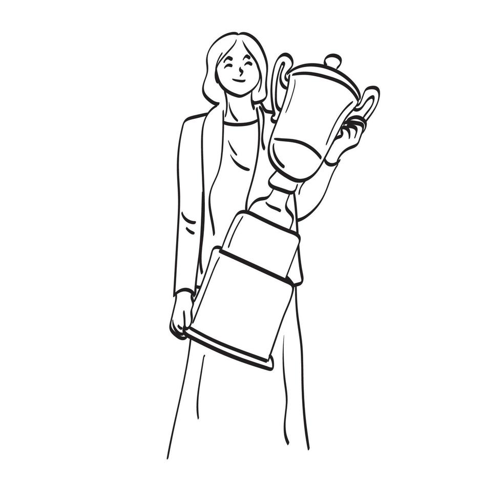 line art businesswoman with smile holding big trophy illustration vector hand drawn isolated on white background